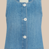 Blue denim vest with buttons on a beige background, featuring the brand 'L'Agence'.