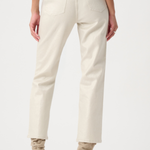 Back view of a model wearing off-white cropped jeans with a straight-leg fit and beige heeled ankle boots against a plain white studio background.