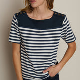 Striped short-sleeve tee with a relaxed fit, styled with denim