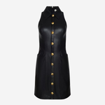 A black sleeveless collared dress with a front button closure and gold-tone buttons, shown on a plain light gray background.