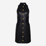 A black sleeveless collared dress with a front button closure and gold-tone buttons, shown on a plain light gray background.