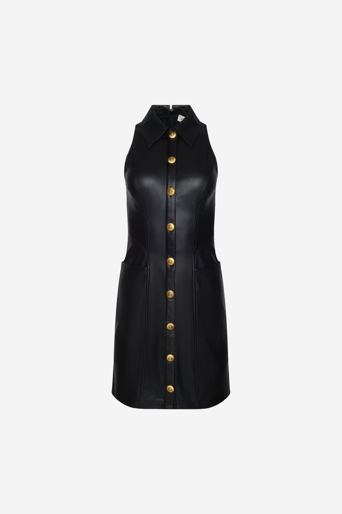 A black sleeveless collared dress with a front button closure and gold-tone buttons, shown on a plain light gray background.