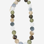 A beaded necklace made of polished round gemstone beads in natural earthy colors including olive green, light blue, white, tan, and dark brown, with a small gold clasp, shown on a light gray background.