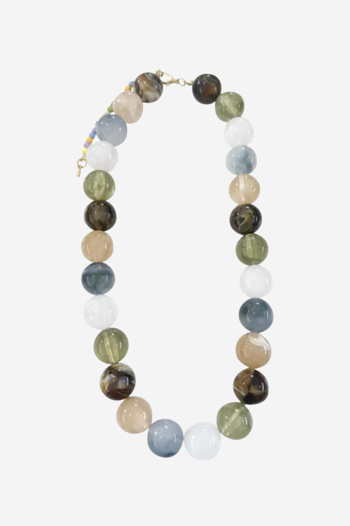 A beaded necklace made of polished round gemstone beads in natural earthy colors including olive green, light blue, white, tan, and dark brown, with a small gold clasp, shown on a light gray background.
