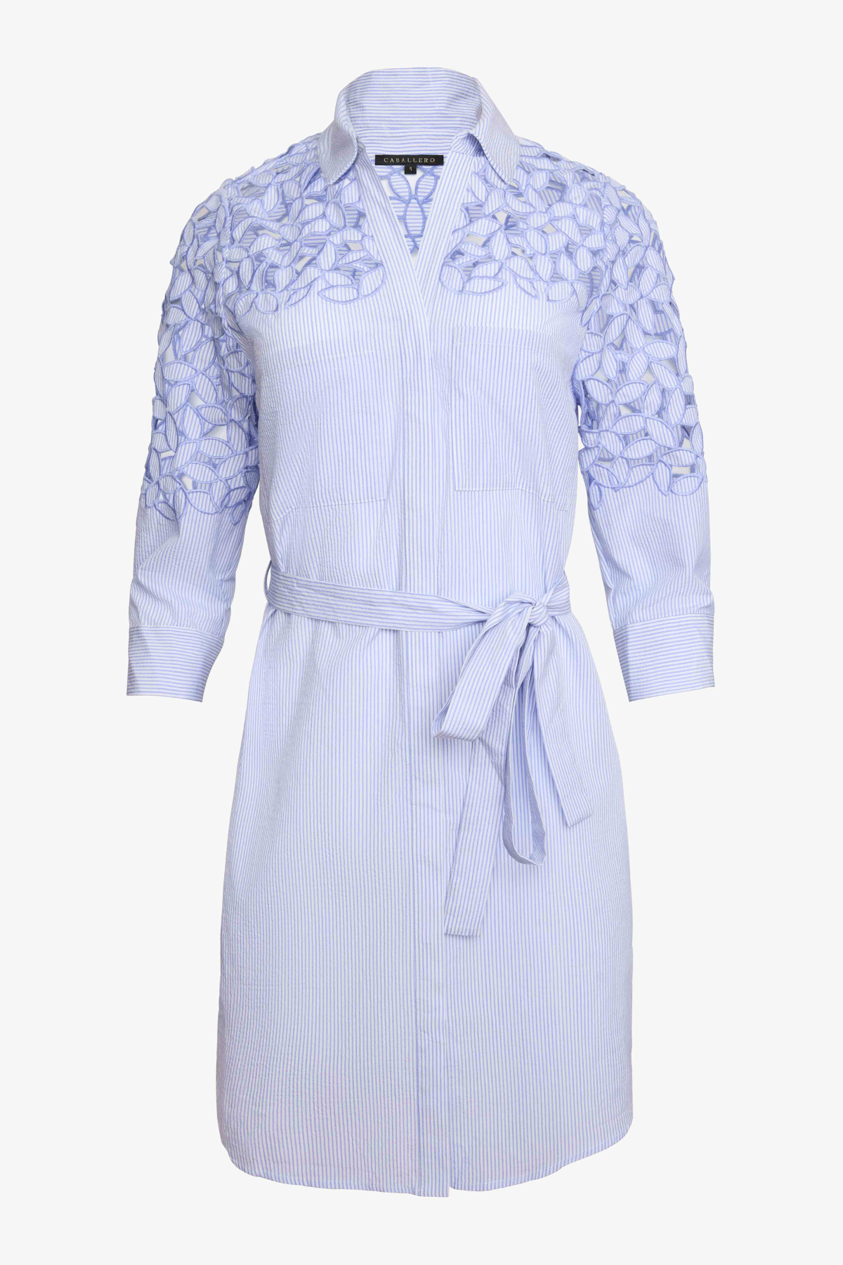 Light blue dress with floral lace details on a white background