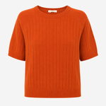 A short-sleeve crewneck sweater in a vibrant orange ribbed knit, shown against a plain light gray background.