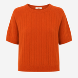 A short-sleeve crewneck sweater in a vibrant orange ribbed knit, shown against a plain light gray background.