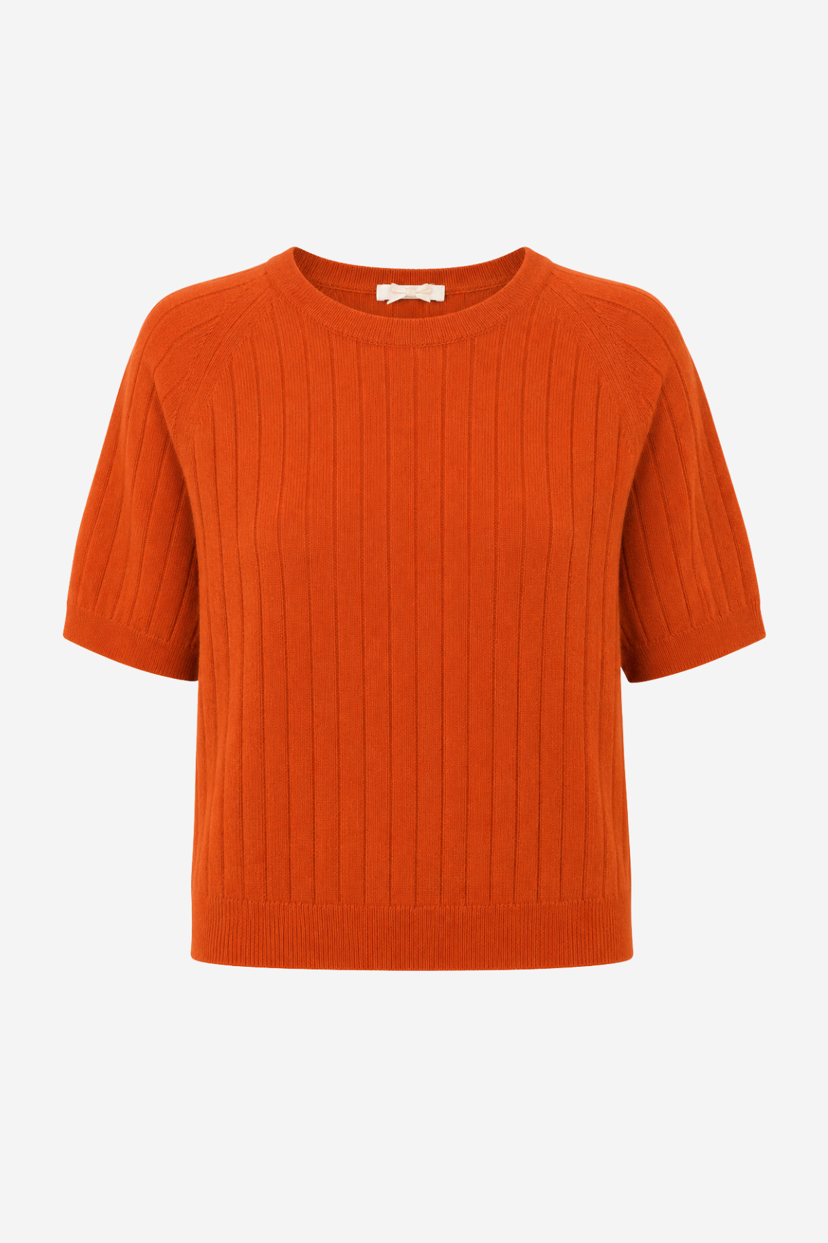 A short-sleeve crewneck sweater in a vibrant orange ribbed knit, shown against a plain light gray background.