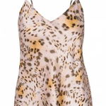 A sleeveless spaghetti-strap camisole top with a leopard print pattern in beige, brown, and black, shown against a plain white background.