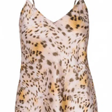 A sleeveless spaghetti-strap camisole top with a leopard print pattern in beige, brown, and black, shown against a plain white background.