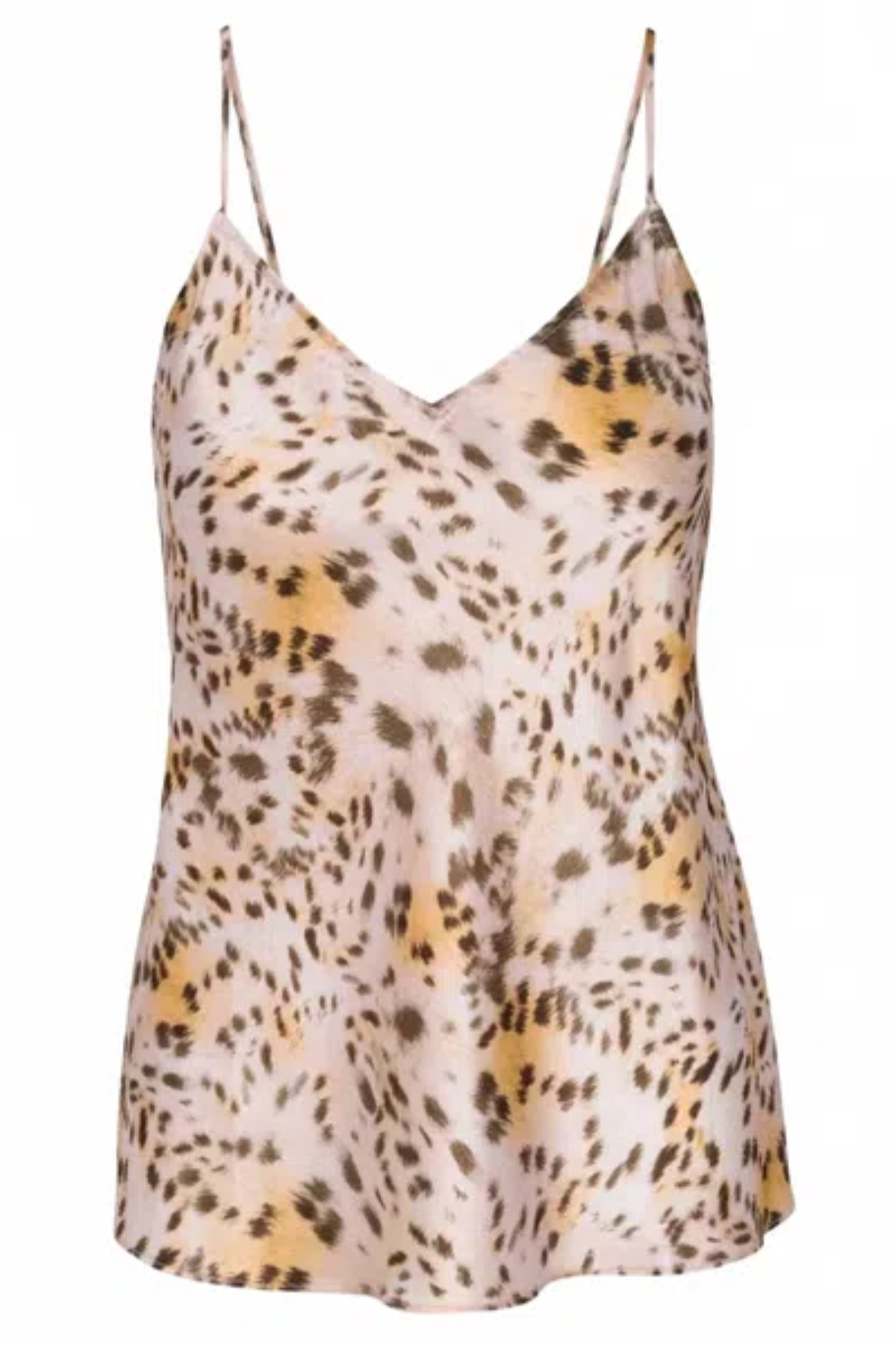A sleeveless spaghetti-strap camisole top with a leopard print pattern in beige, brown, and black, shown against a plain white background.