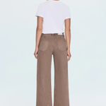 A model shown from the back wearing a white short-sleeve crop top and brown wide-leg cropped pants, paired with beige high-heeled sandals, against a light gray studio background.