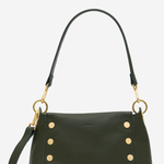 An olive green leather shoulder bag with gold-tone hardware, featuring a top handle, a detachable shoulder strap, and decorative gold studs on the front, set against a plain light gray background.