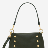 An olive green leather shoulder bag with gold-tone hardware, featuring a top handle, a detachable shoulder strap, and decorative gold studs on the front, set against a plain light gray background.