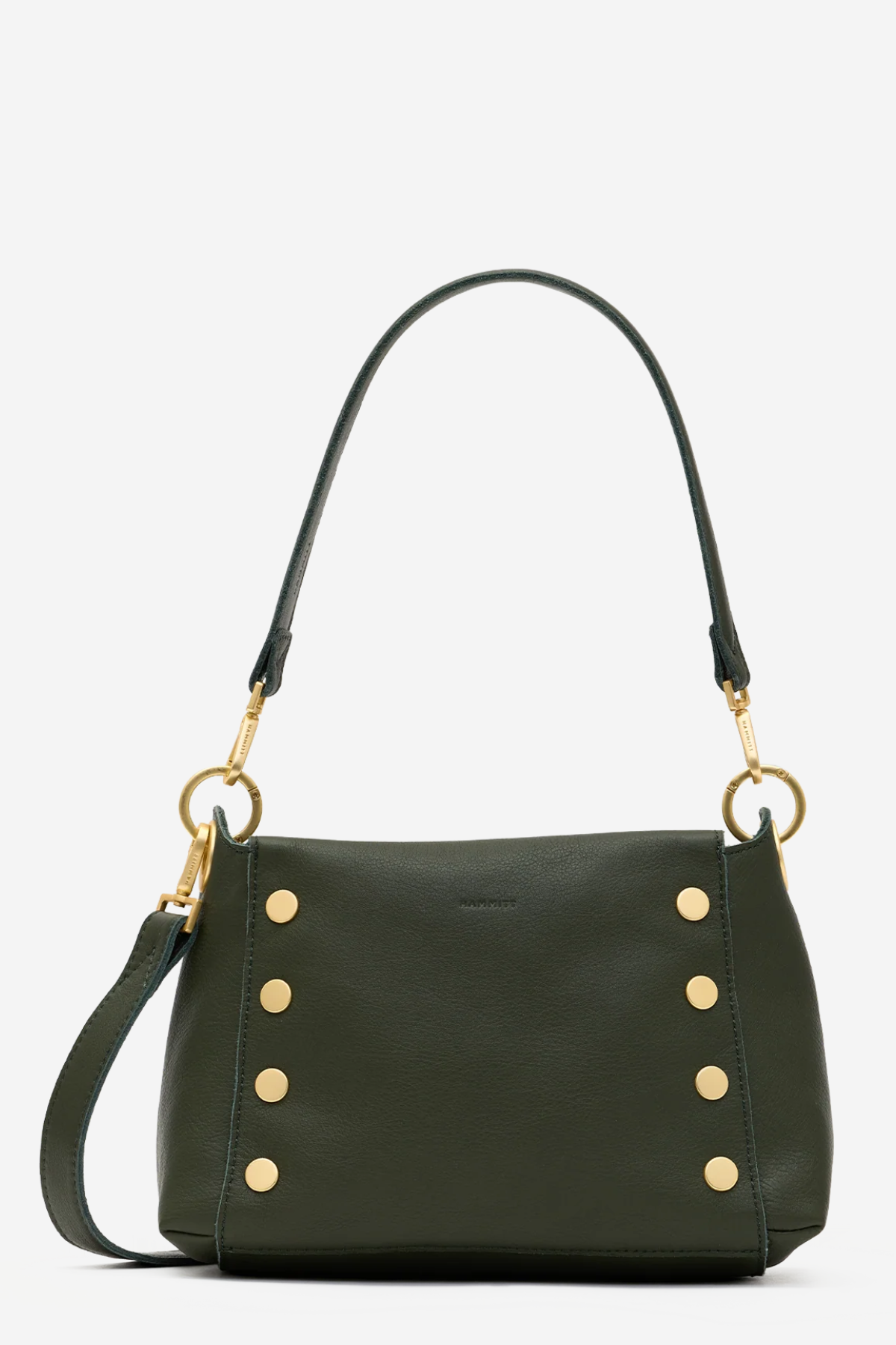 An olive green leather shoulder bag with gold-tone hardware, featuring a top handle, a detachable shoulder strap, and decorative gold studs on the front, set against a plain light gray background.