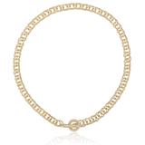 A gold chain necklace with a textured, openwork link design and a matching circular ring clasp, displayed on a clean white background with a soft reflection underneath.