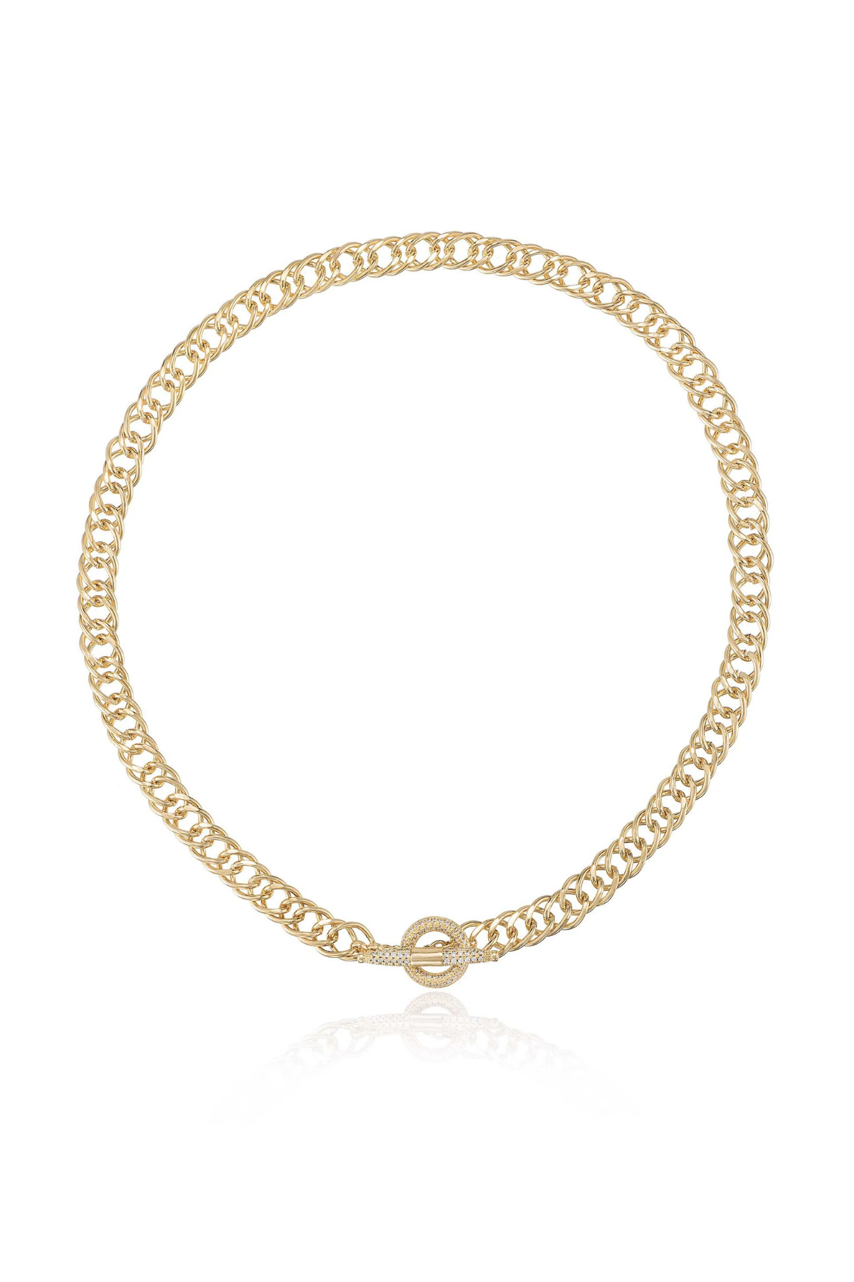 A gold chain necklace with a textured, openwork link design and a matching circular ring clasp, displayed on a clean white background with a soft reflection underneath.