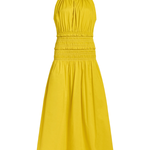A bright yellow sleeveless midi dress with a smocked bodice and a flared skirt, shown against a plain white background.