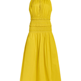A bright yellow sleeveless midi dress with a smocked bodice and a flared skirt, shown against a plain white background.