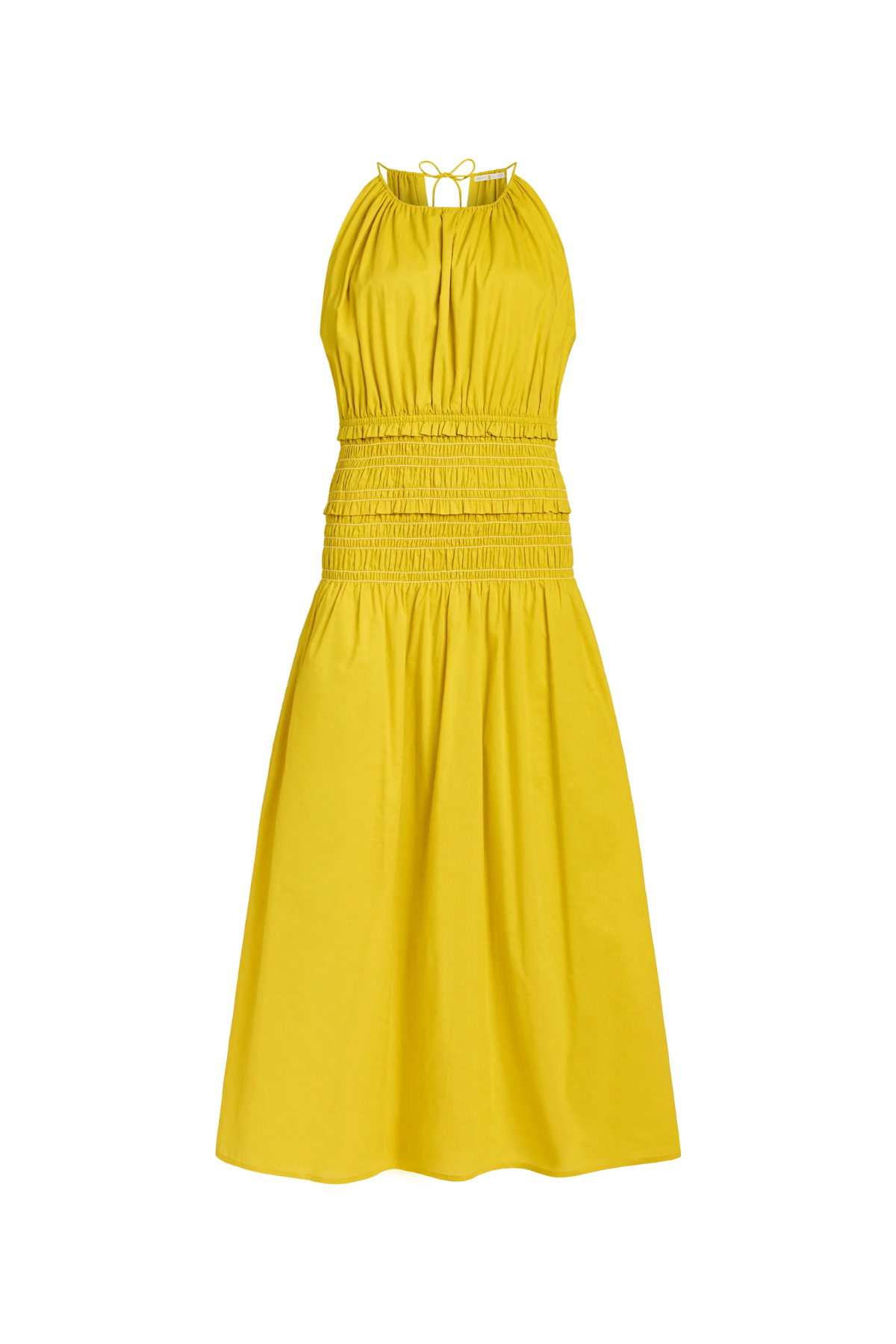 A bright yellow sleeveless midi dress with a smocked bodice and a flared skirt, shown against a plain white background.