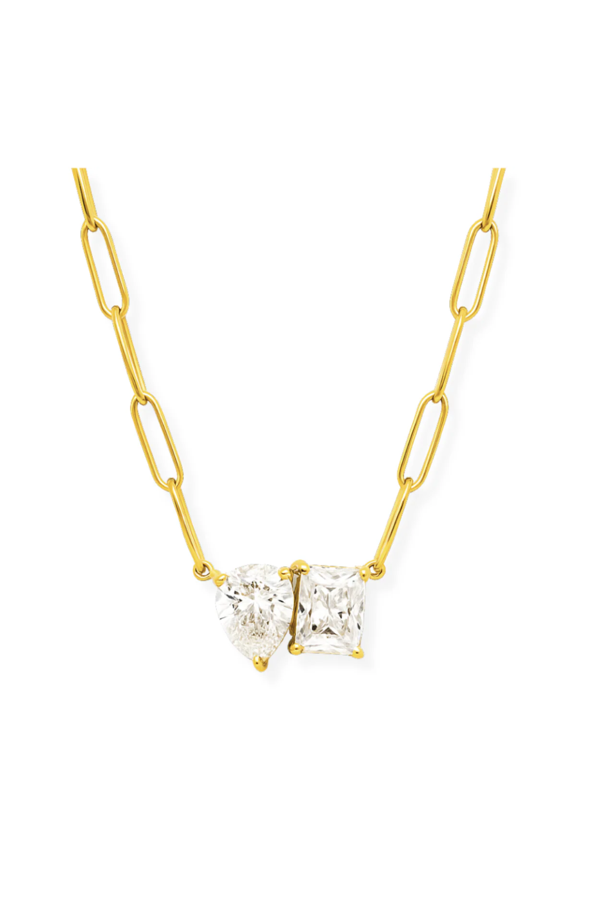 Gold necklace with a clear gemstone on a white background