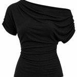 A black off-the-shoulder short-sleeve top with ruched draping details, shown against a plain white background.