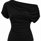 A black off-the-shoulder short-sleeve top with ruched draping details, shown against a plain white background.