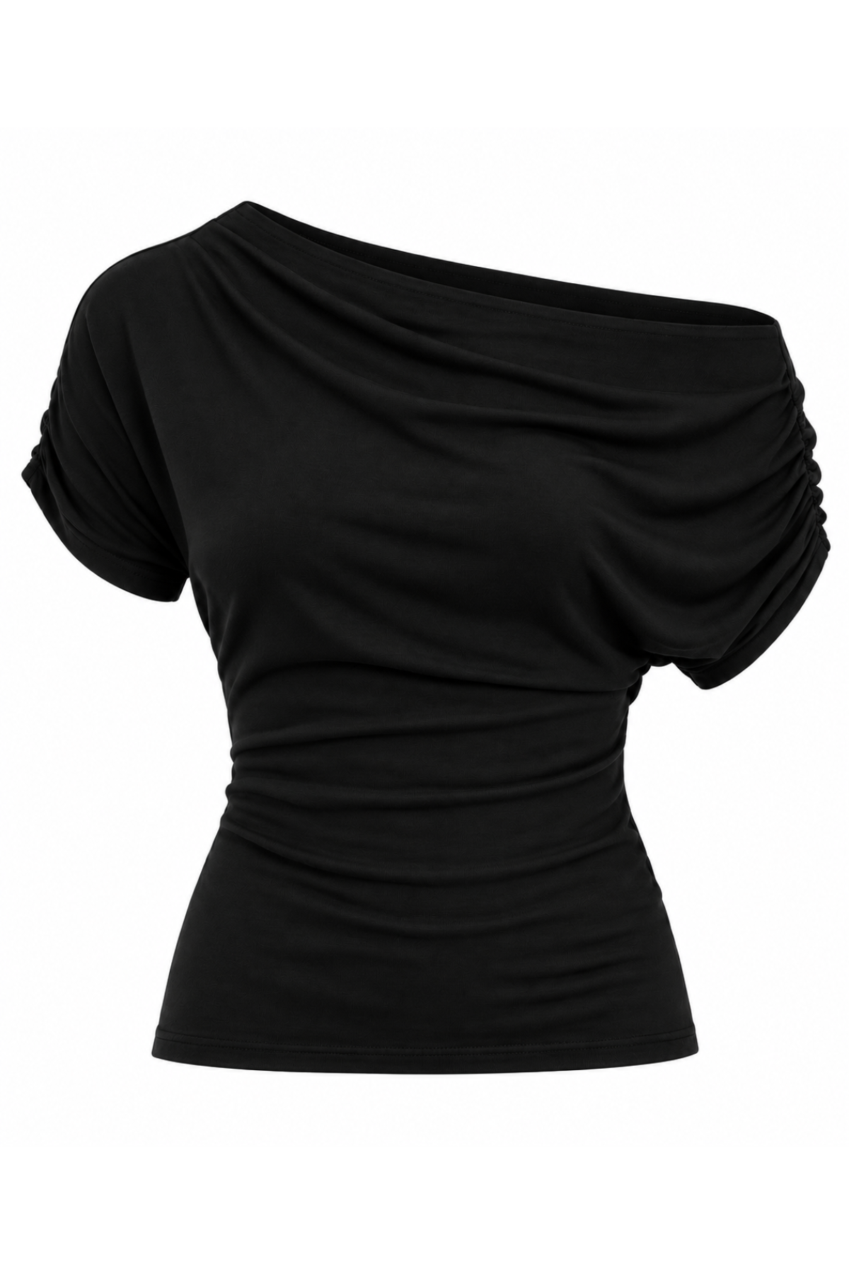 A black off-the-shoulder short-sleeve top with ruched draping details, shown against a plain white background.