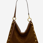 A brown suede hobo shoulder bag with gold-tone metal studs and a matching brown leather strap, shown against a plain white background.