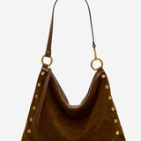 A brown suede hobo shoulder bag with gold-tone metal studs and a matching brown leather strap, shown against a plain white background.