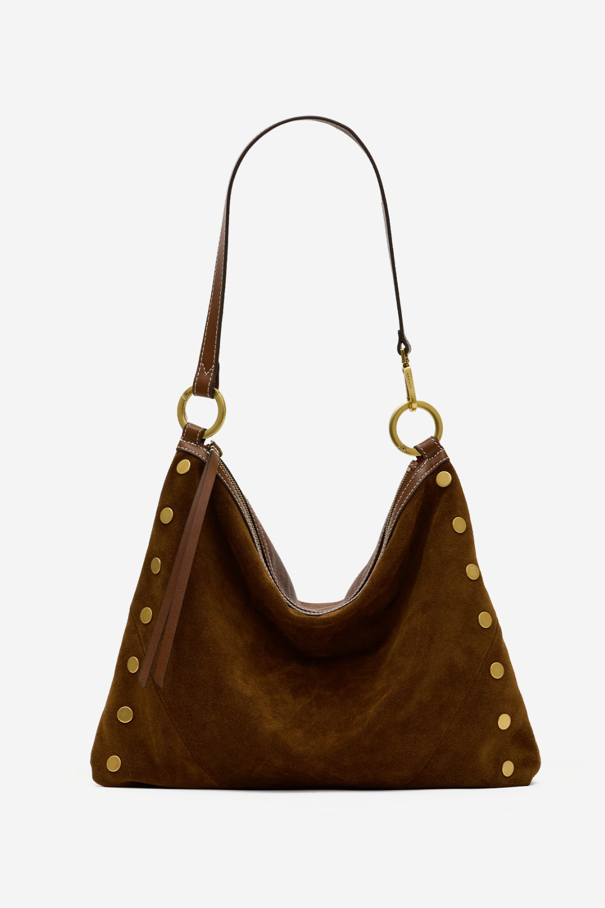 A brown suede hobo shoulder bag with gold-tone metal studs and a matching brown leather strap, shown against a plain white background.
