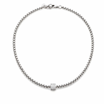 Silver beaded necklace with a clasp on a white background