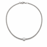 Silver beaded necklace with a clasp on a white background