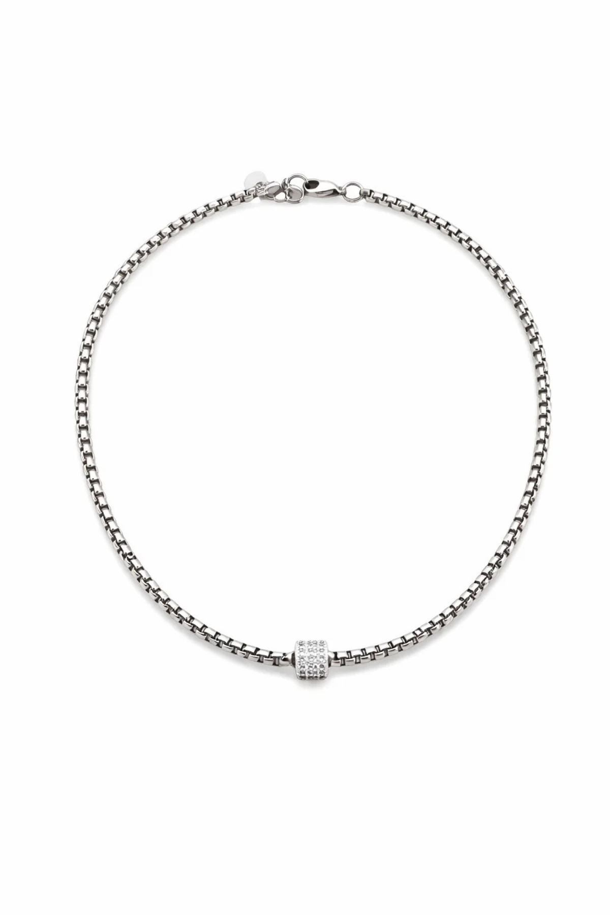 Silver beaded necklace with a clasp on a white background