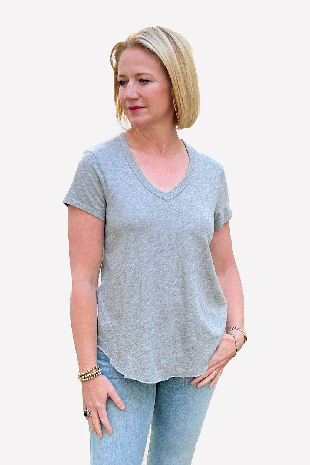 Short Sleeve V-neck Raw Hem Shirttail - Heather Grey