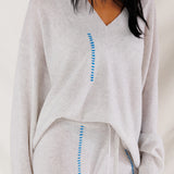 Embroided Eloise V Neck Sweater- Pigeon/Wave Embroidery