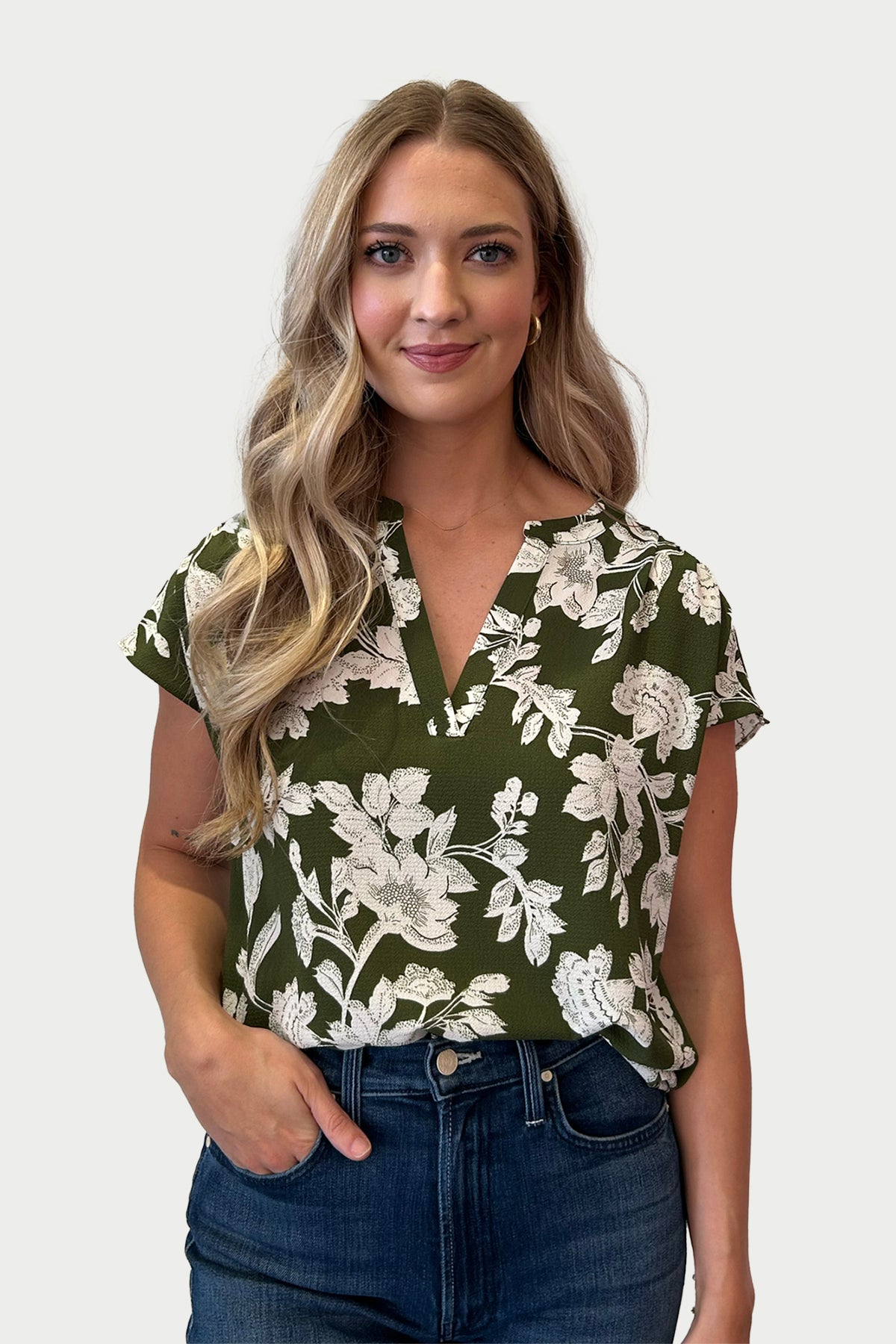Olive/White Floral Printed Top