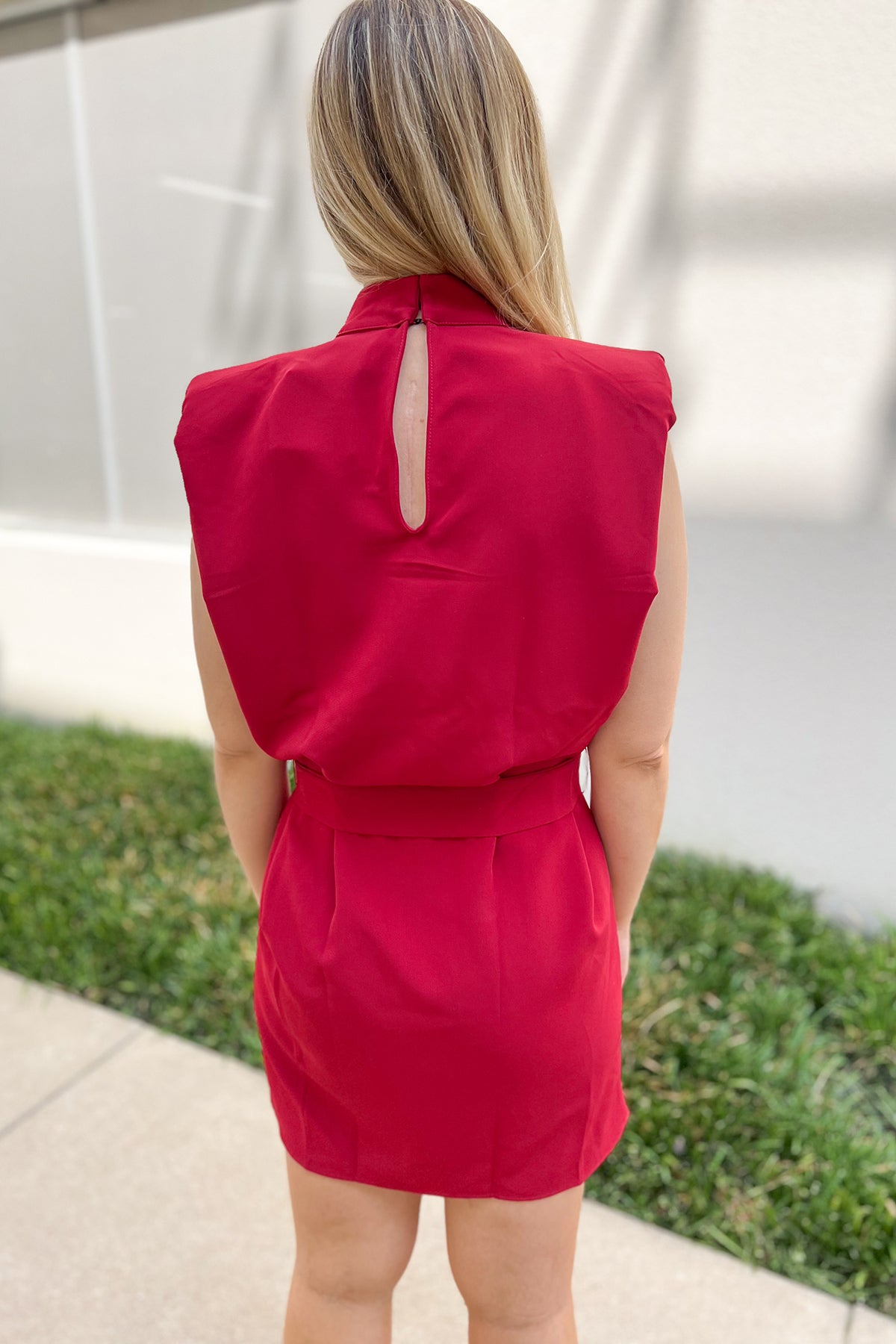 Red Bold Shoulder Tie Waist Dress