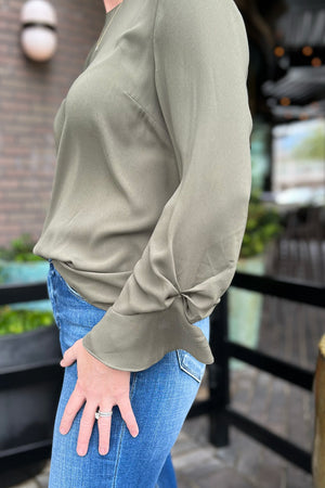Olive Crew Neck Gathered Long Sleeve Top