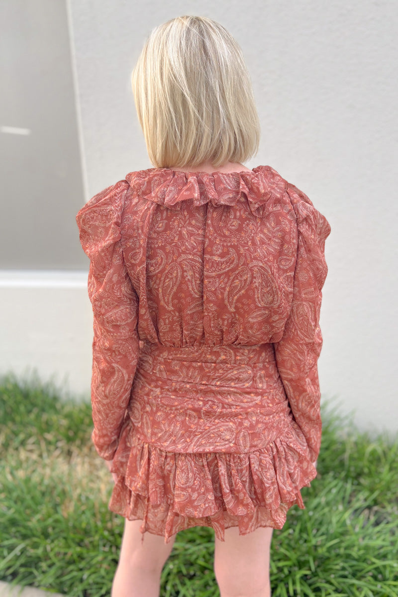 Rust Printed Dress with Elastic Waist