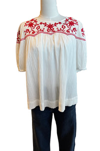 White Short Sleeve Top with Red Embroidery