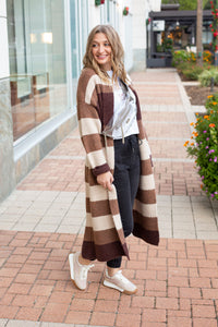 Brown/Ivory Striped Long Cardigan