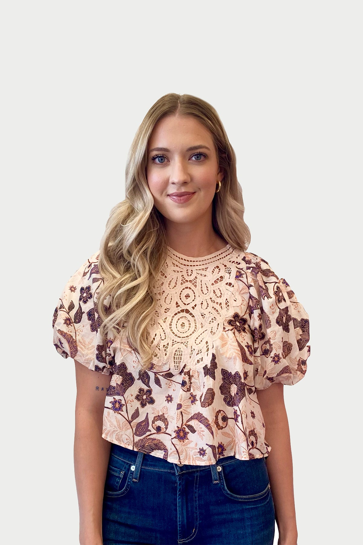 Printed Puff Sleeve Lace Front Top