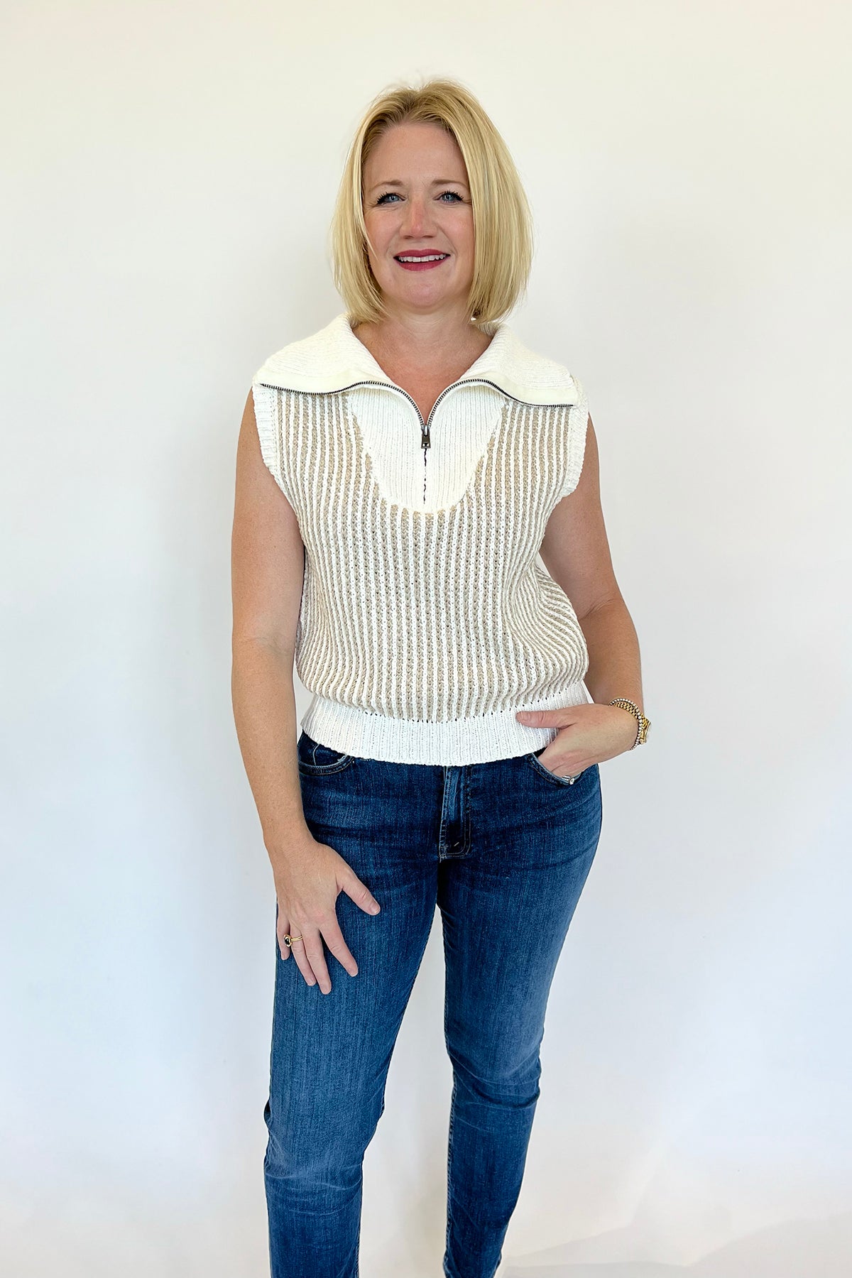 Ivory Taupe Sleeveless Collared Sweater