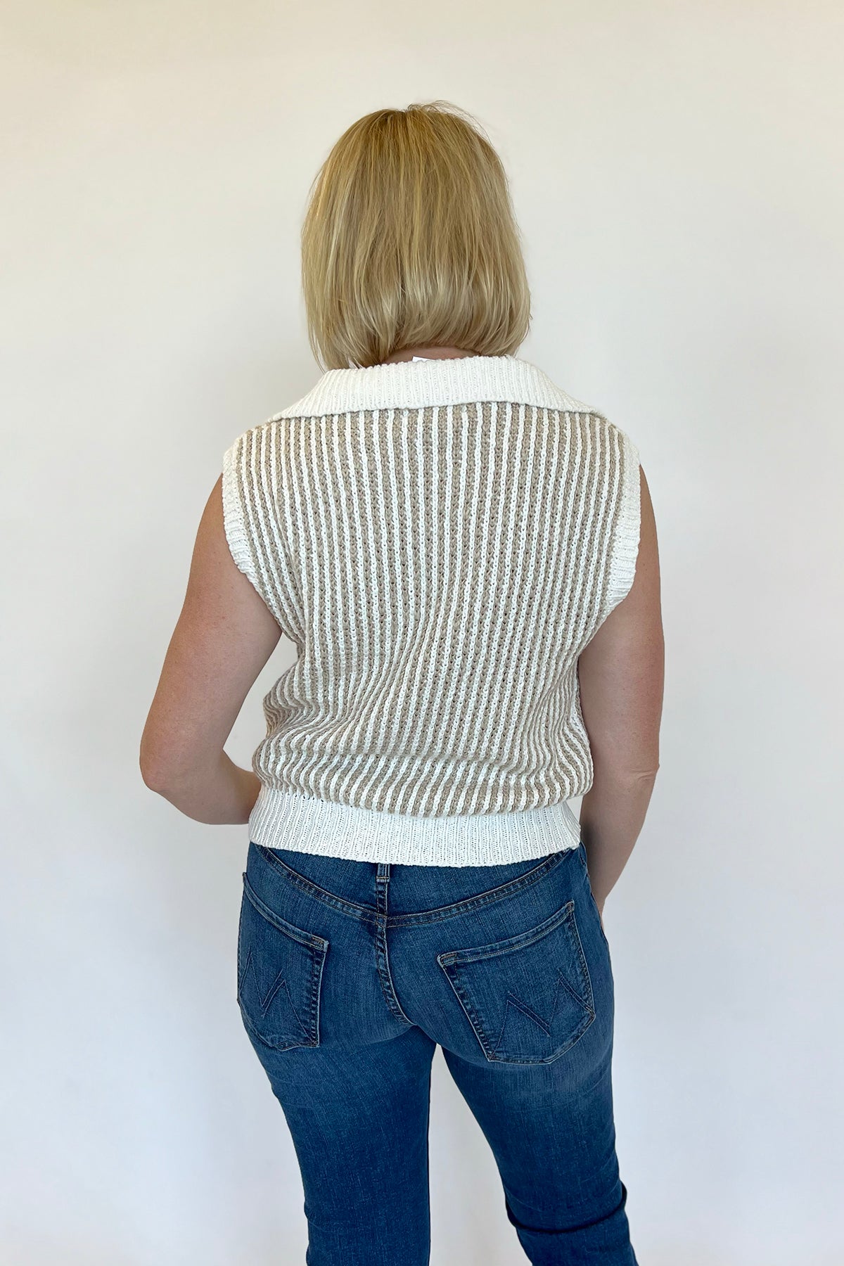 Ivory Taupe Sleeveless Collared Sweater