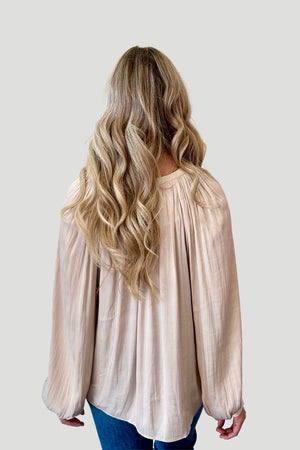 Long Sleeve Blouse with Split Neck and Tie