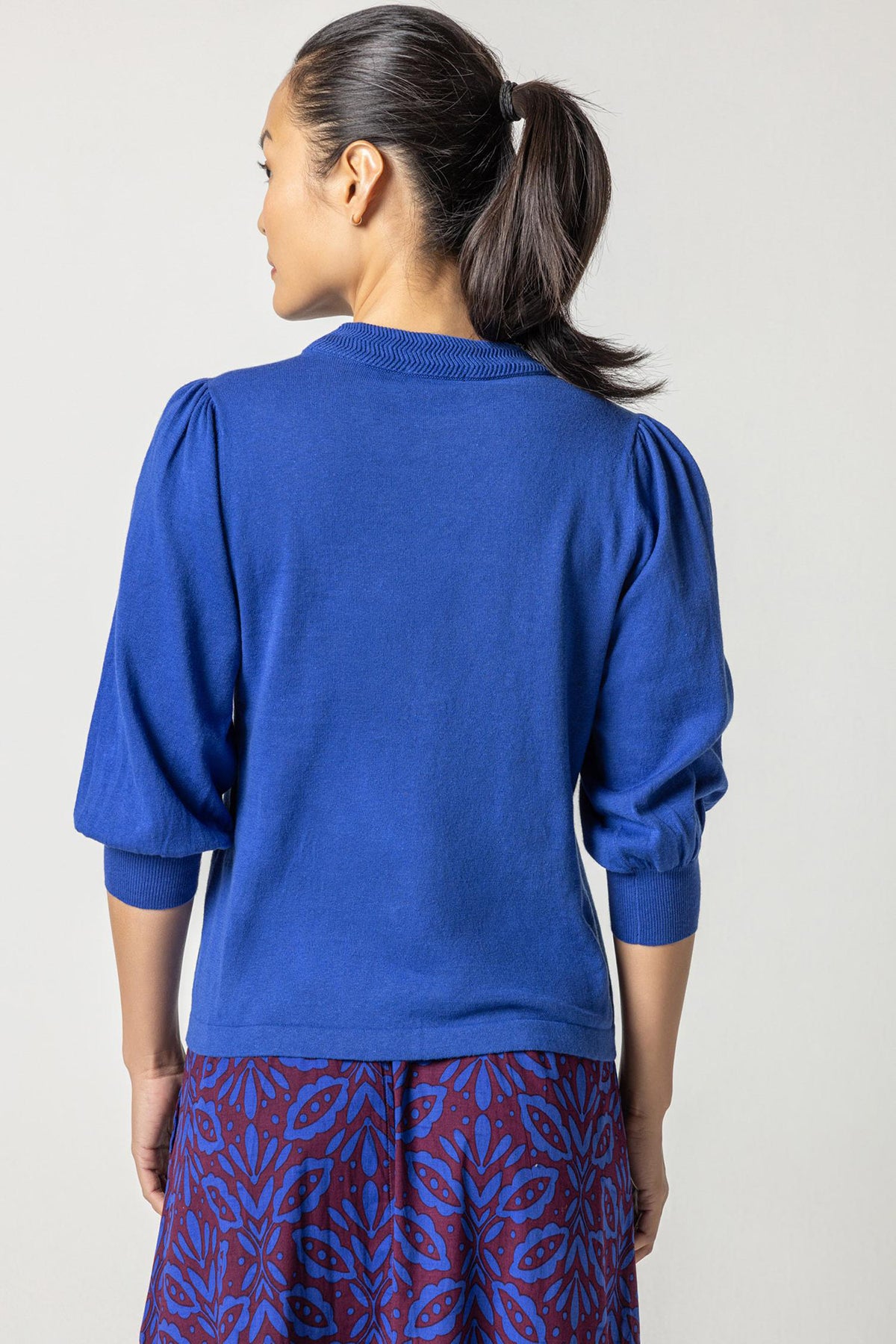 Rib Trim Puff Sleeve Sweater-Cobalt