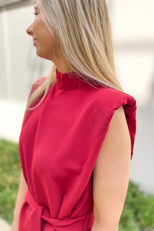 Red Bold Shoulder Tie Waist Dress