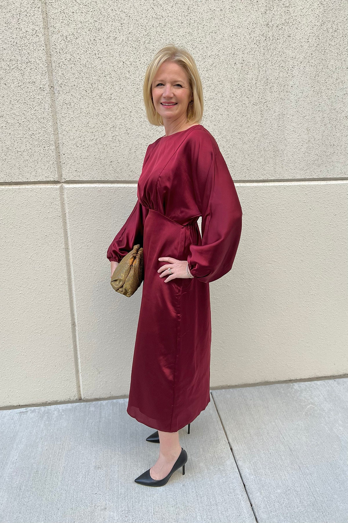 Burgundy Satin Dolman Sleeve Midi Dress